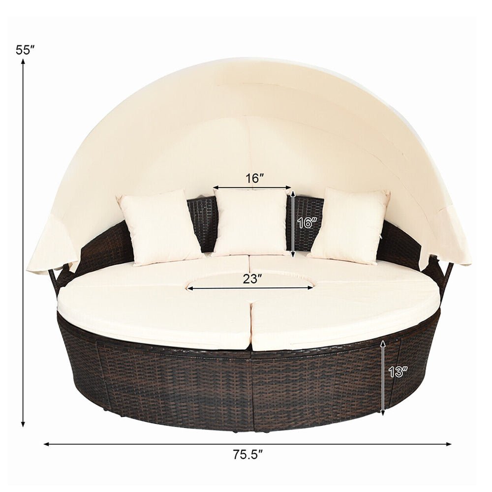 Large Outdoor Patio Rattan Daybed Sofa W/ Adjustable Table Top, Canopy & 3 Pillows, 76" (91254763)