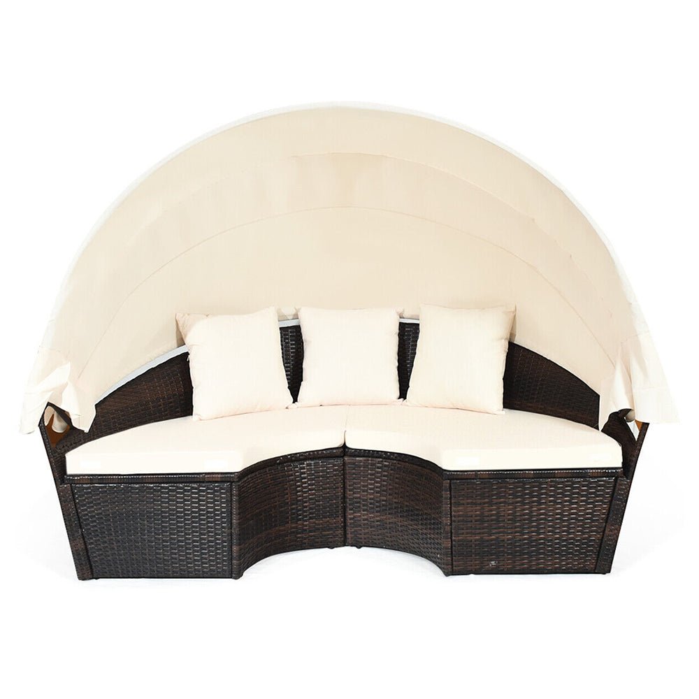 Large Outdoor Patio Rattan Daybed Sofa W/ Adjustable Table Top, Canopy & 3 Pillows, 76" (91254763)