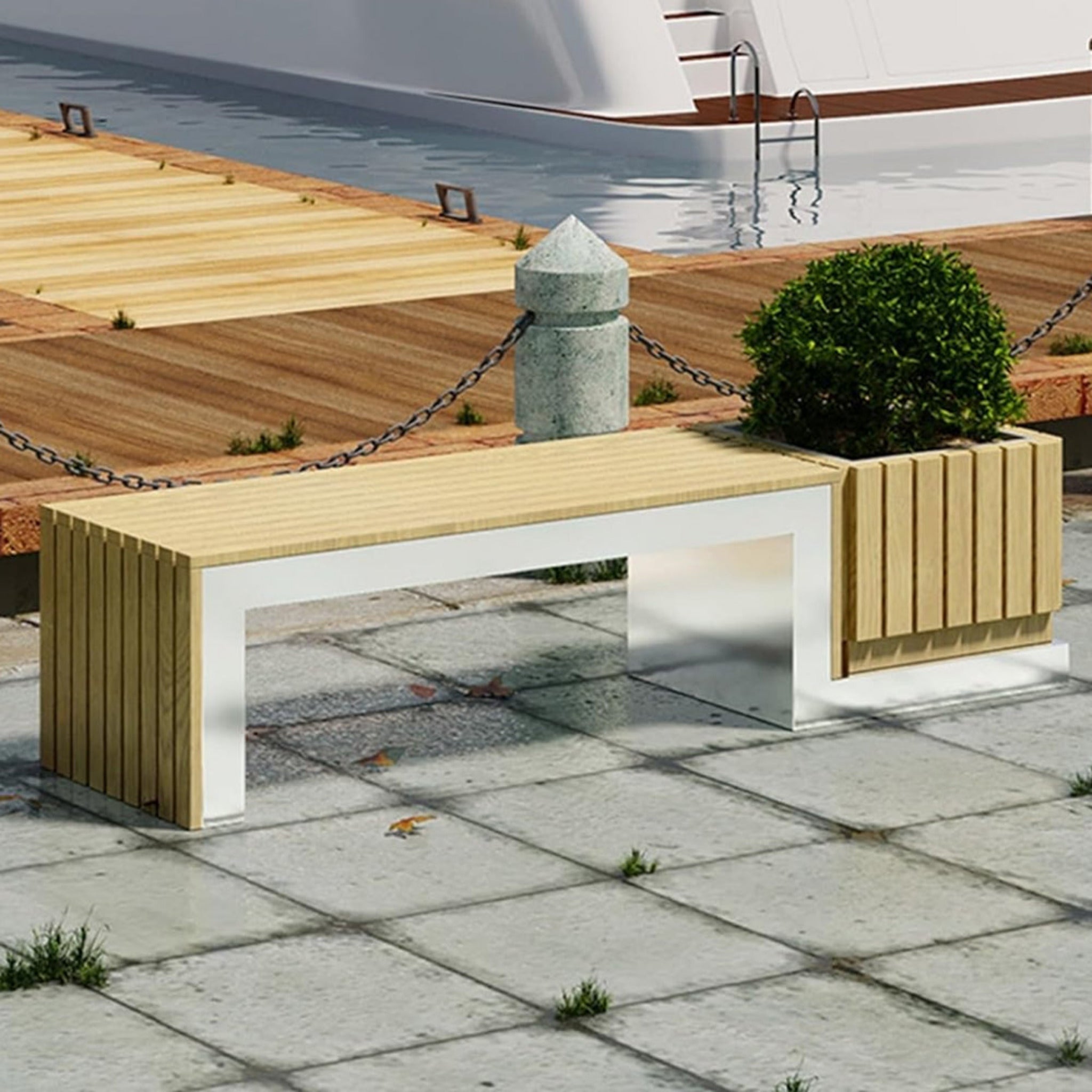 Large Luxury Outdoor Commercial Preserved Wood Planter With Bench And Steel Frame