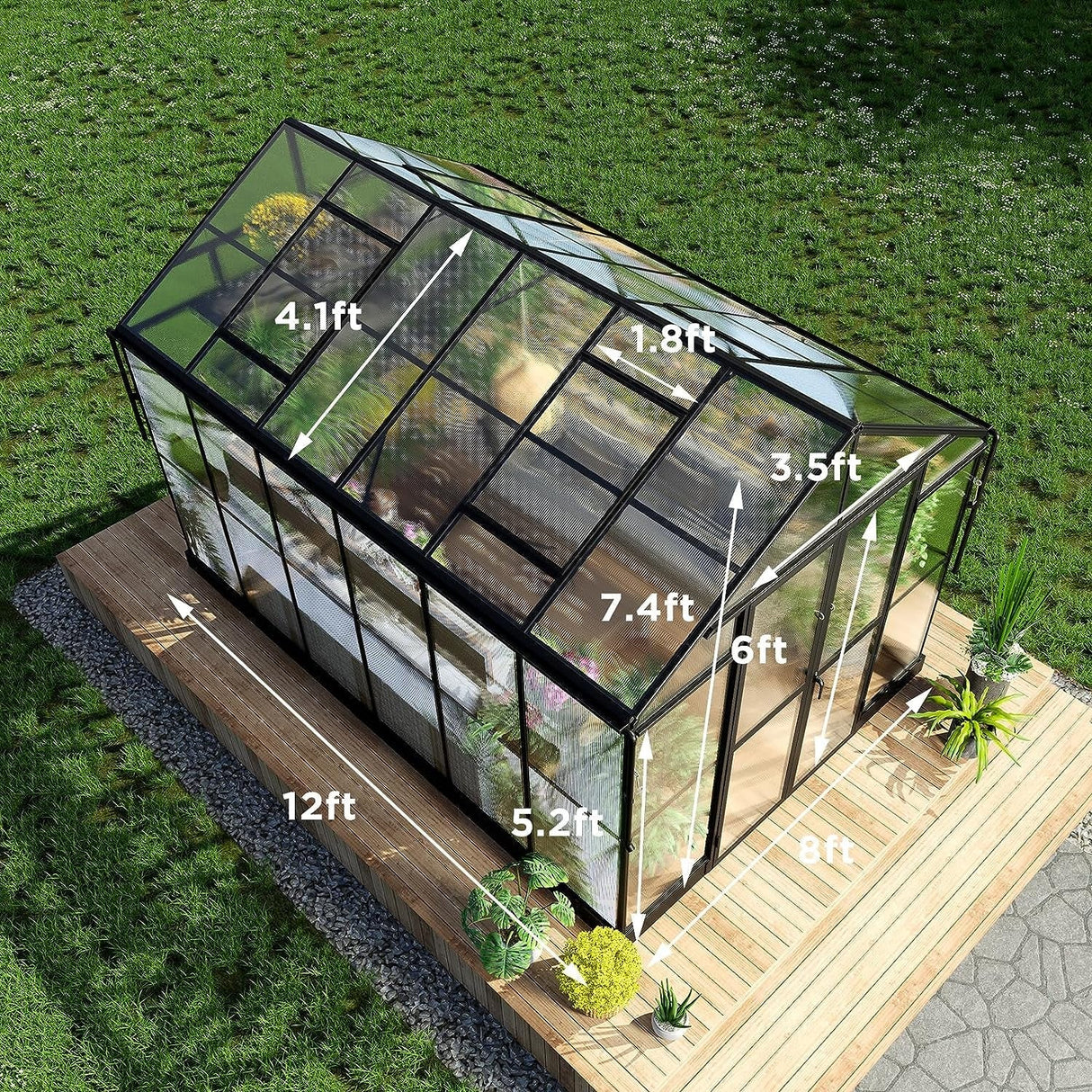 [08x12FT] Large Premium Outdoor Aluminum Polycarbonate Greenhouse With Double Swing Doors