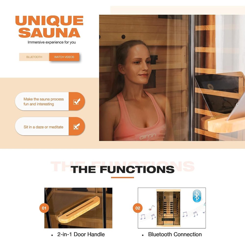 Luxury 2-Person Low EMF FAR Infrared Heat Wood Home Personal Spa Sauna W/ Panoramic Tempered Glass, 2000W (93627481)