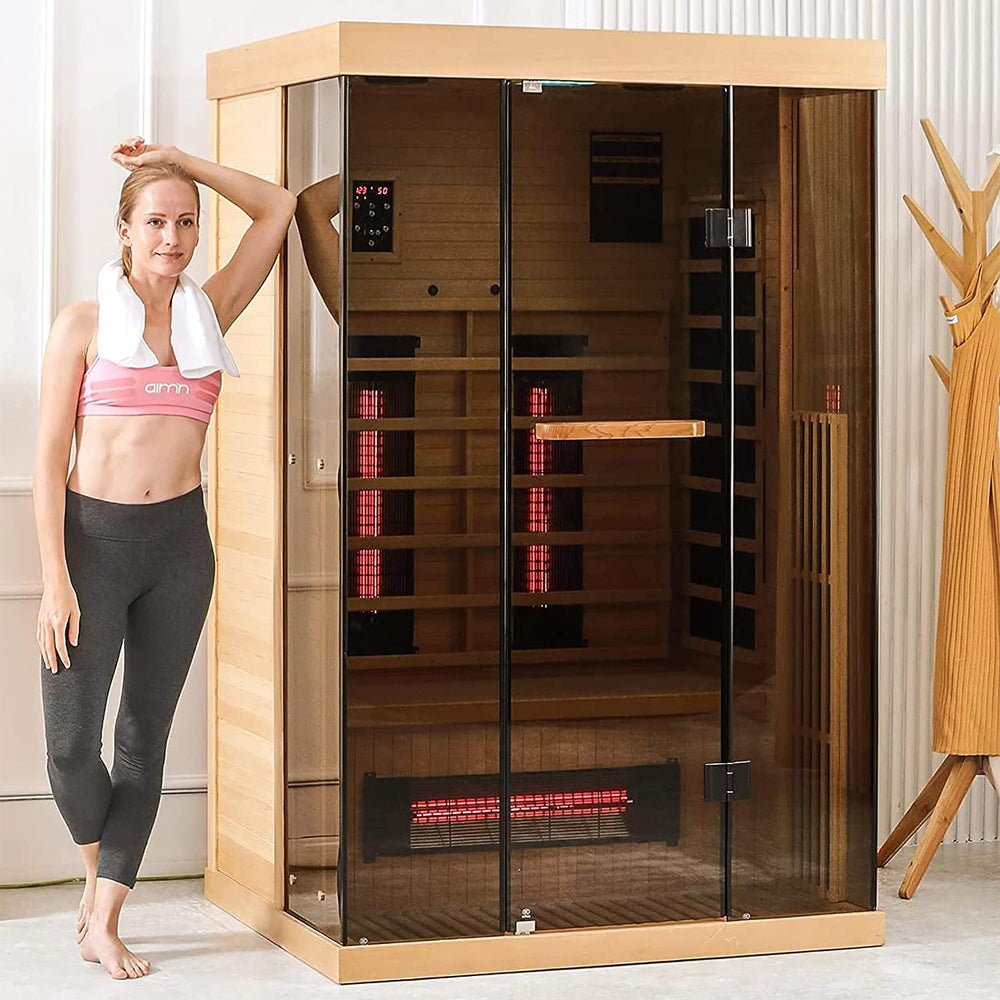 Luxury 2-Person Low EMF FAR Infrared Heat Wood Home Personal Spa Sauna W/ Panoramic Tempered Glass, 2000W (93627481)