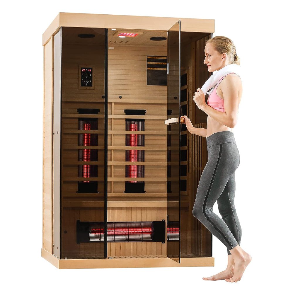 Luxury 2-Person Low EMF FAR Infrared Heat Wood Home Personal Spa Sauna W/ Panoramic Tempered Glass, 2000W (93627481)