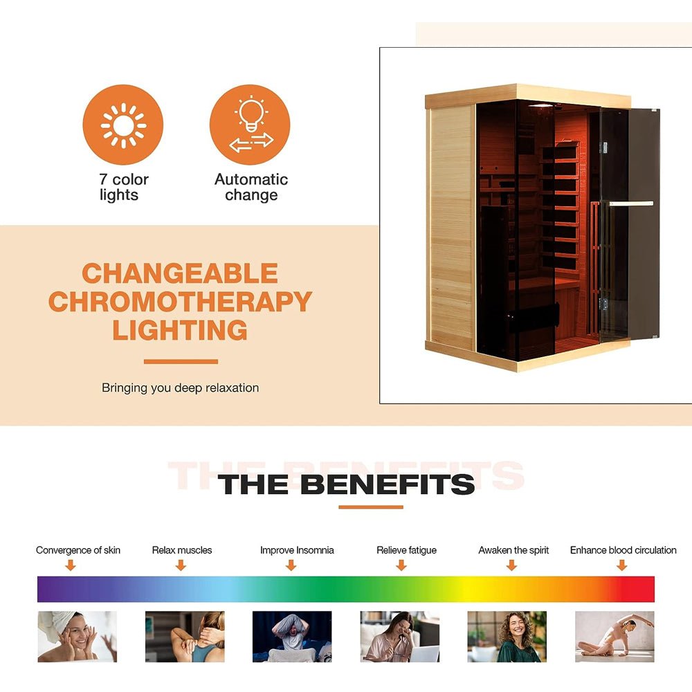 Luxury 2-Person Low EMF FAR Infrared Heat Wood Home Personal Spa Sauna W/ Panoramic Tempered Glass, 2000W (93627481)