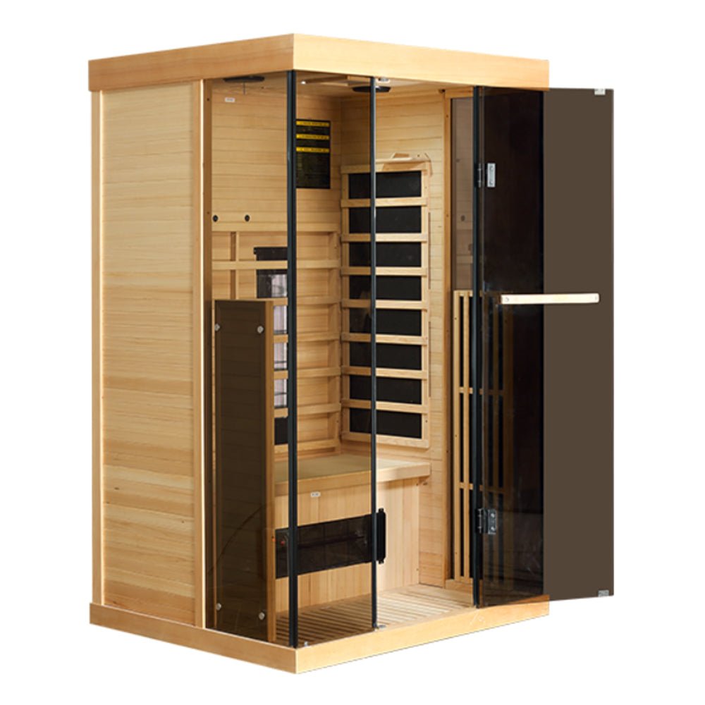 Luxury 2-Person Low EMF FAR Infrared Heat Wood Home Personal Spa Sauna W/ Panoramic Tempered Glass, 2000W (93627481)
