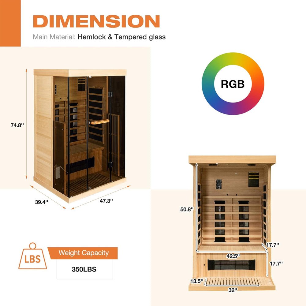 Luxury 2-Person Low EMF FAR Infrared Heat Wood Home Personal Spa Sauna W/ Panoramic Tempered Glass, 2000W (93627481)