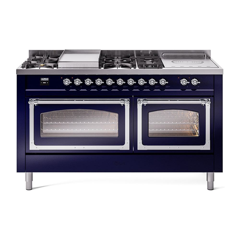 ILVE Nostalgie II Noblesse 60" Dual Fuel Range with 7 Sealed Burners + Griddle + French Top with Triple Glass Door UN60FSNMP