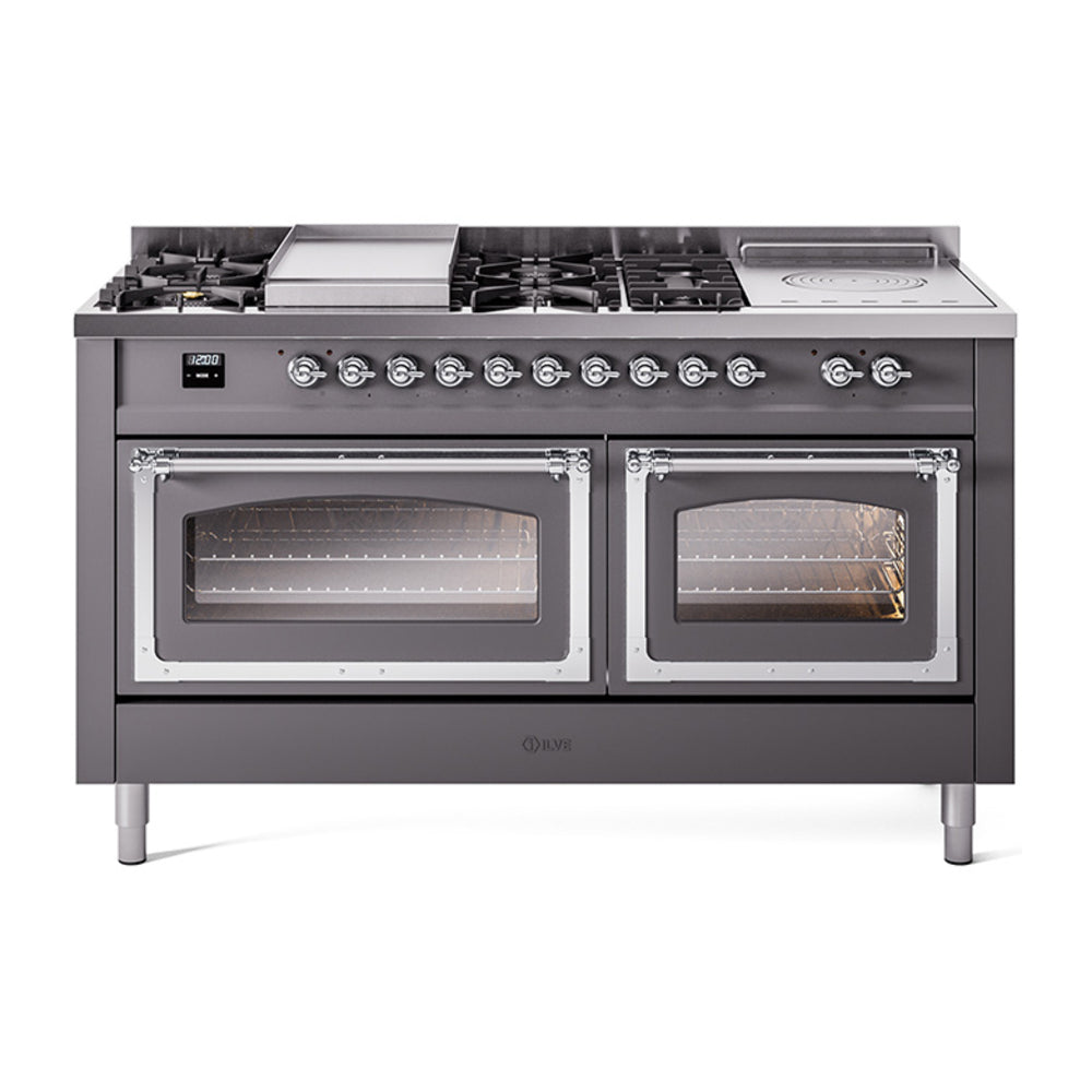 ILVE Nostalgie II Noblesse 60" Dual Fuel Range with 7 Sealed Burners + Griddle + French Top with Triple Glass Door UN60FSNMP