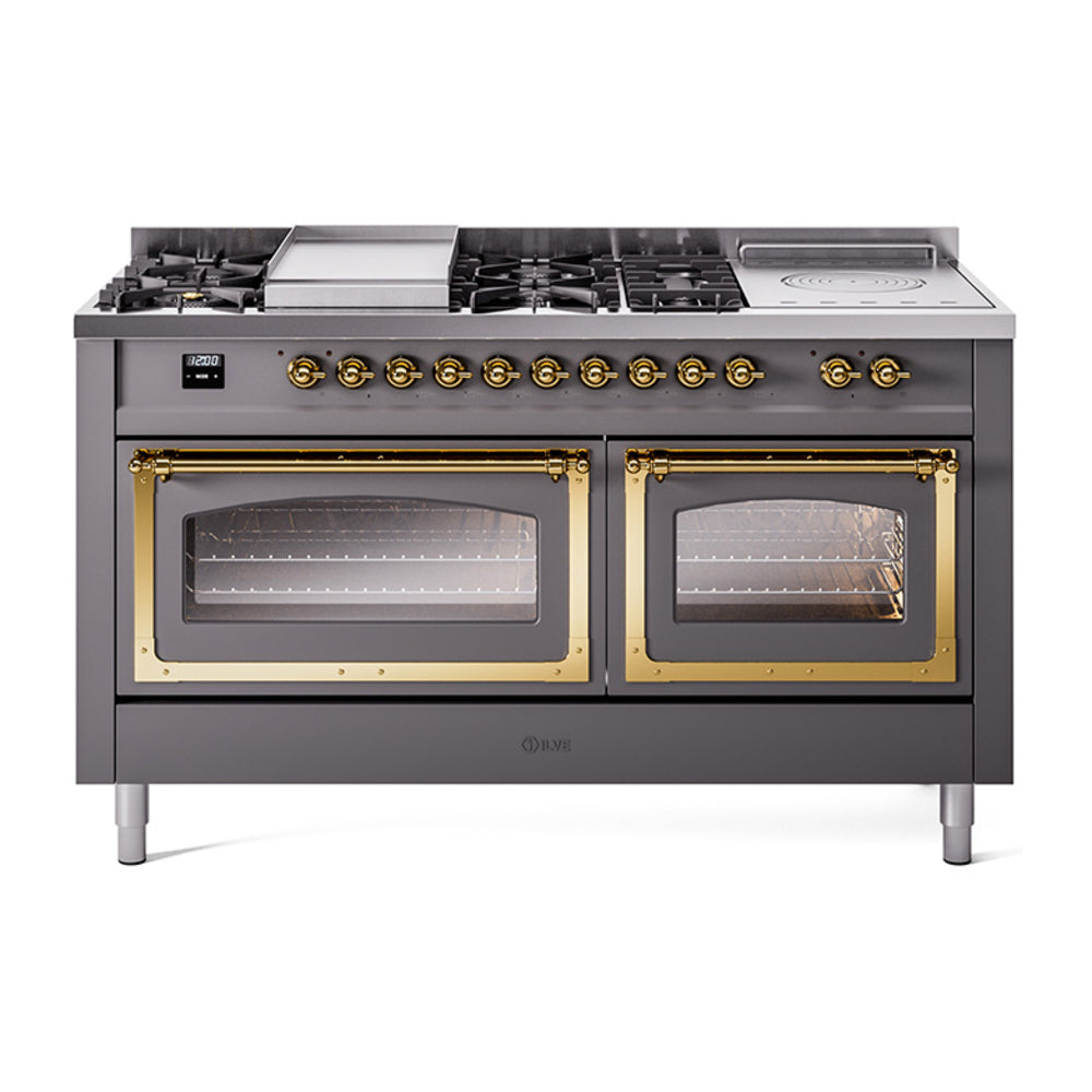 ILVE Nostalgie II Noblesse 60" Dual Fuel Range with 7 Sealed Burners + Griddle + French Top with Triple Glass Door UN60FSNMP