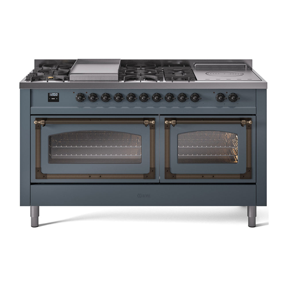 ILVE Nostalgie II Noblesse 60" Dual Fuel Range with 7 Sealed Burners + Griddle + French Top with Triple Glass Door UN60FSNMP
