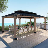 [12x20FT] Heavy Duty Backyard Cedar Wood Steel Hardtop Double Roof Gazebo Canopy (95726813)