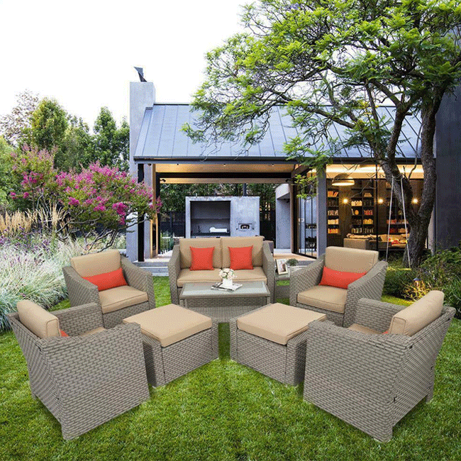 Outdoor Rattan Wicker Furniture Set W/ Sofas, Ottomans & Coffee Tables, 9PCS