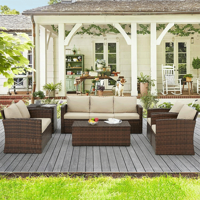 Patio Rattan Wicker Furniture Set With Storage Boxes & Conversation Set, 7PCS