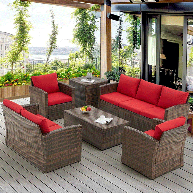 Patio Rattan Wicker Furniture Set With Storage Boxes & Conversation Set, 7PCS