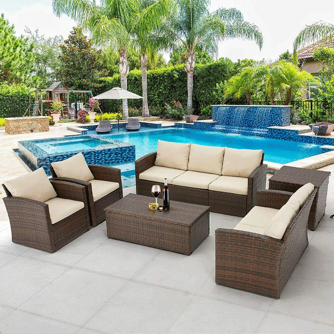 Patio Rattan Wicker Furniture Set With Storage Boxes & Conversation Set, 7PCS
