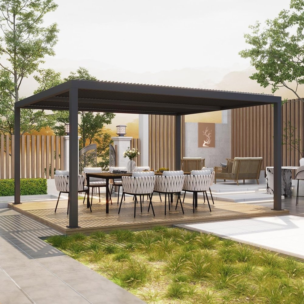 [12x16FT] Premium Outdoor Gray Aluminum Hardtop Pergola Gazebo With Adjustable Roof (95281364)