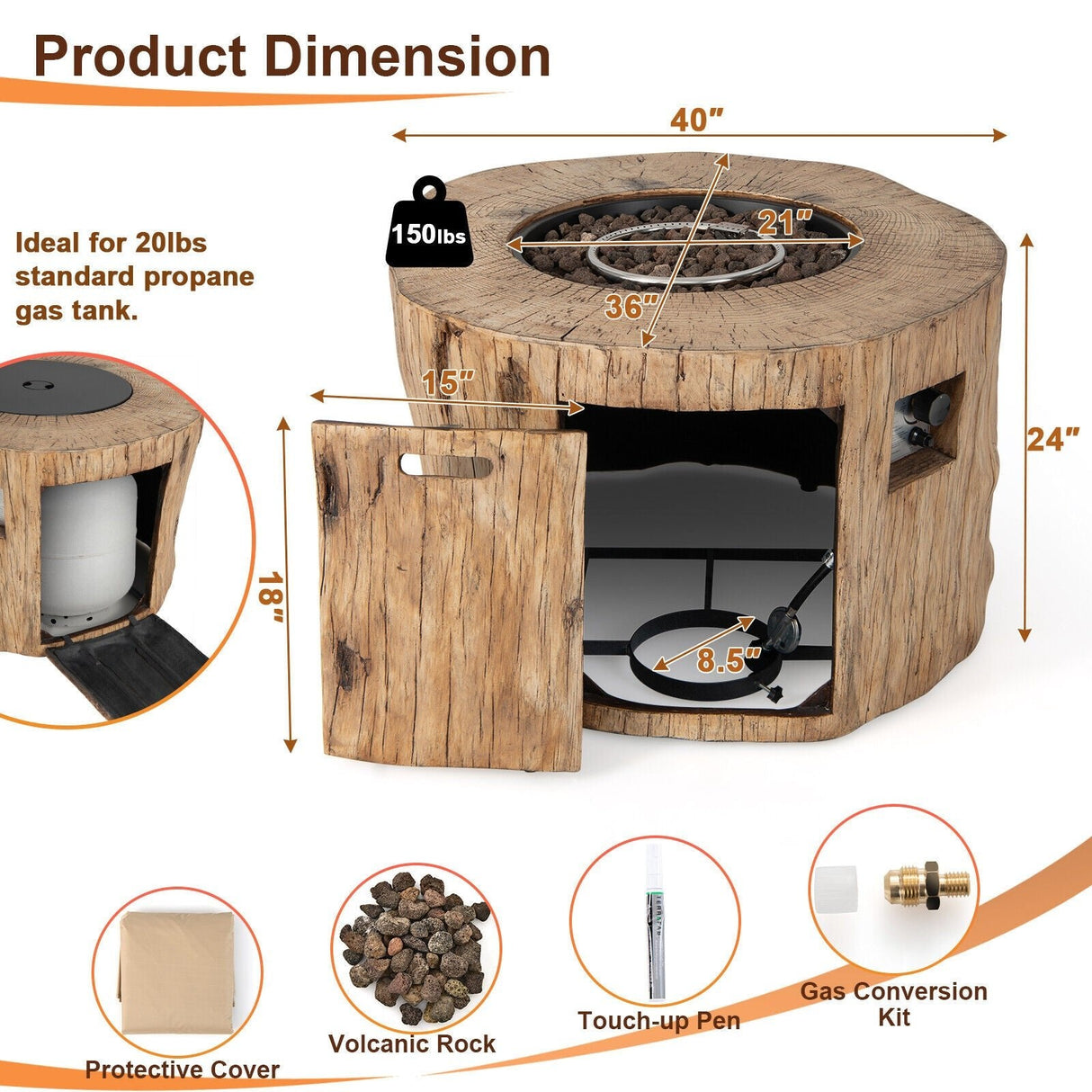 Premium 40" Round Propane Gas Fire Pit Table W/ PVC Cover, Rocks & Gas Kit (91544852)