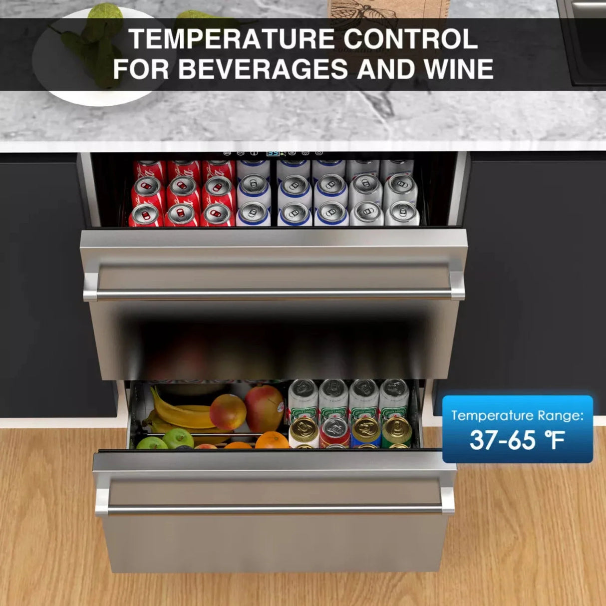 Premium Double Drawer Stainless Steel Built-In Wine Beverage Undercounter Refrigerator, 5.3 Cu.Ft.