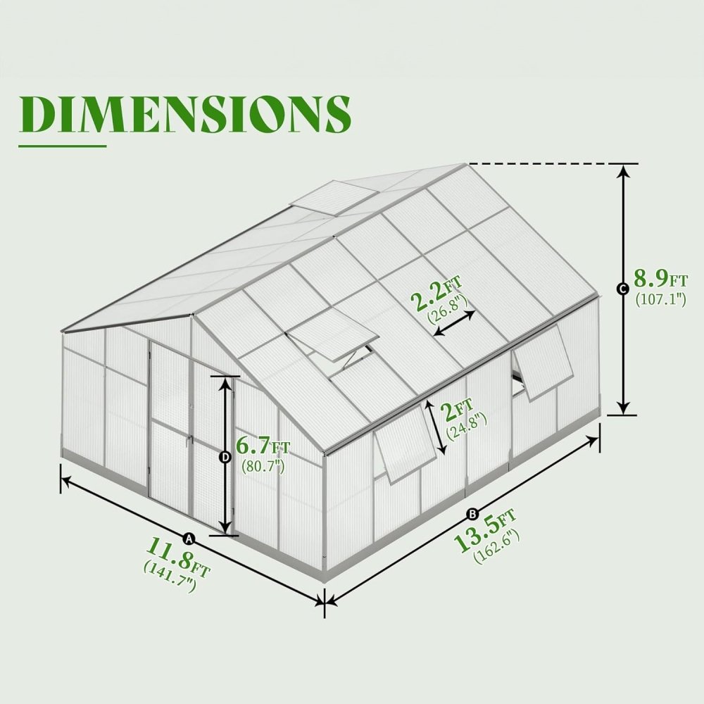 [12x13.5FT] Premium Extra Large Outdoor Aluminum Poylcarbonate Greenhouse With Quick Connect Fitting (94263715)