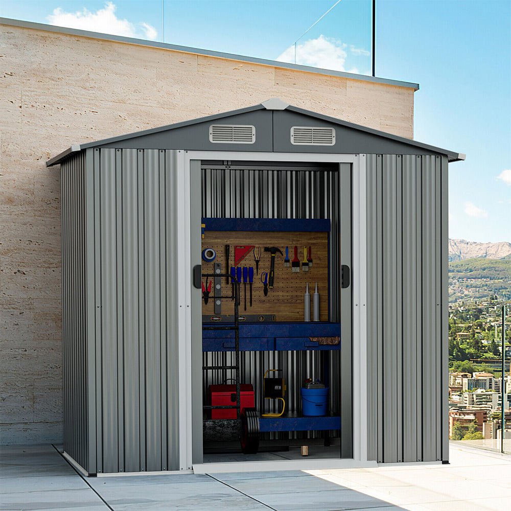 Premium Garden Galvanized Steel Storage Shed W/ Lockable Sliding Doors, 6x4' (93175842)
