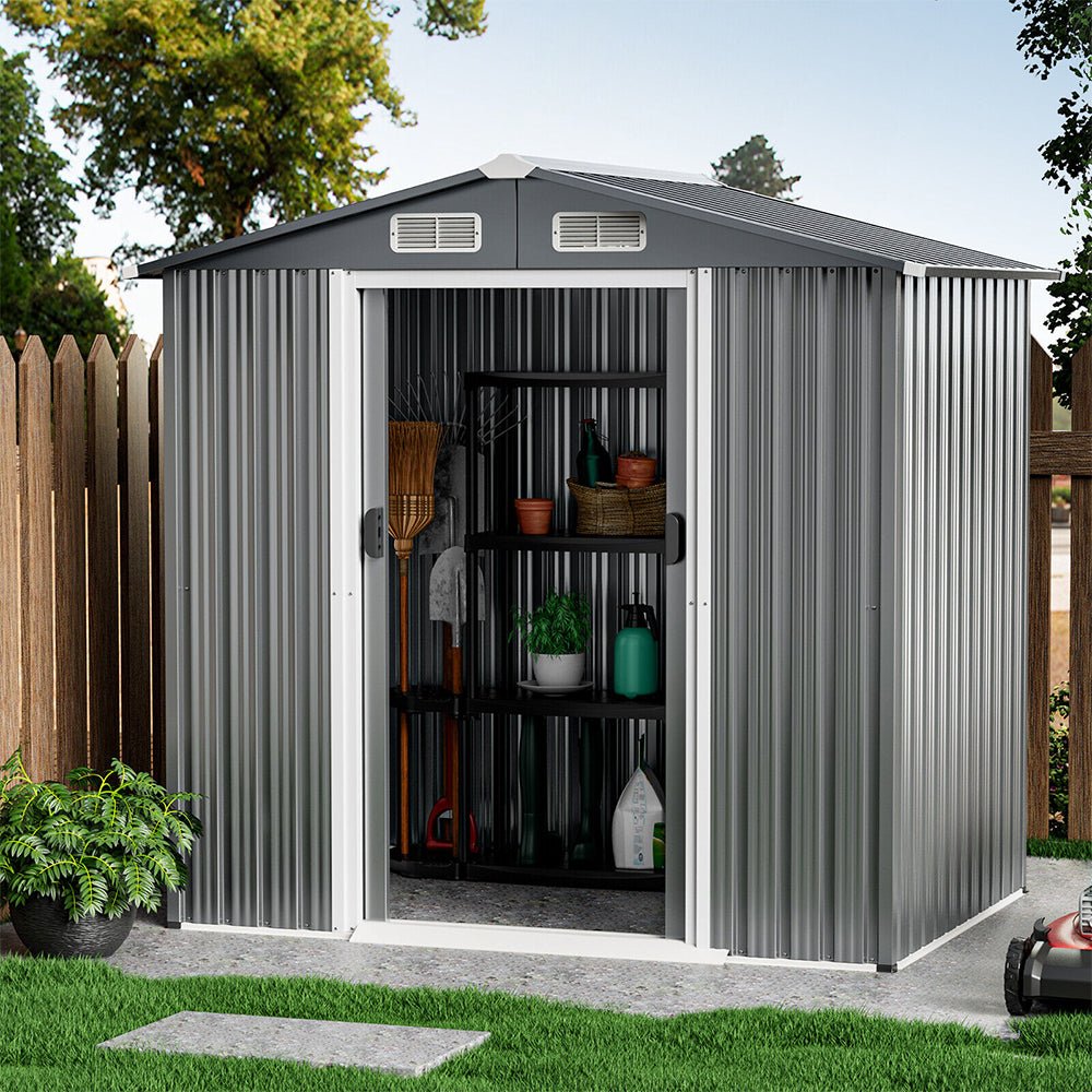 Premium Garden Galvanized Steel Storage Shed W/ Lockable Sliding Doors, 6x4' (93175842)
