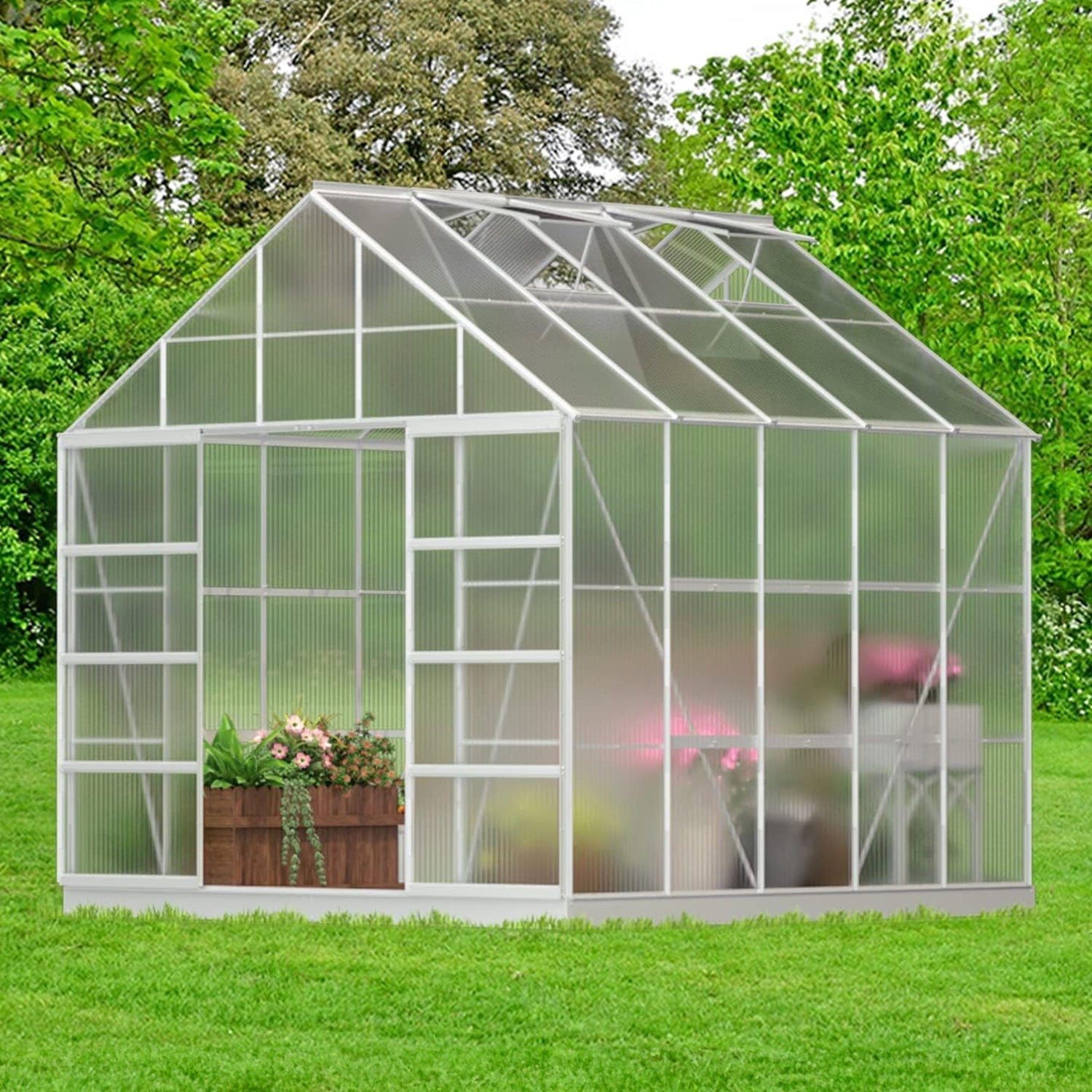 [10x10FT] Premium Outdoor Aluminum Walk-In Greenhouse With Polycarbonate Panels & Sliding Doors (94638275)