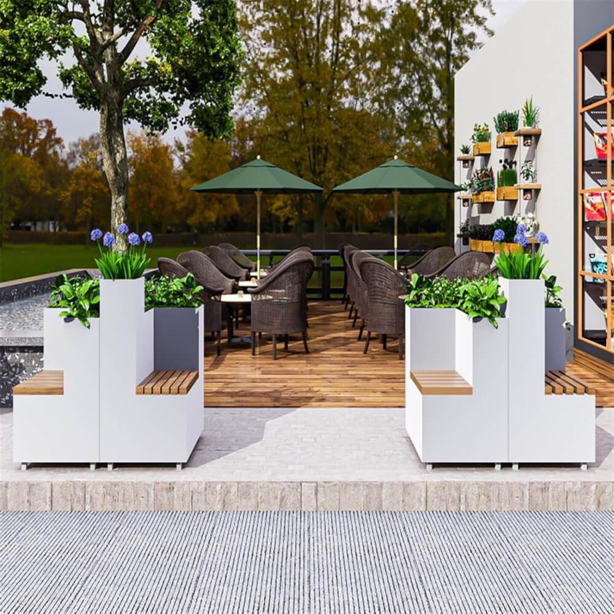 Premium Outdoor Commercial White Wooden Park Bench With Planter And Steel Frame