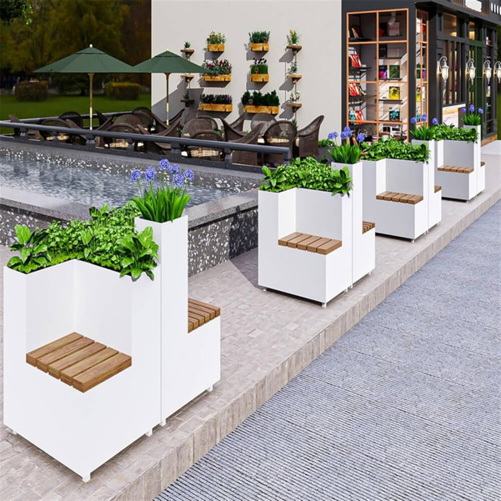 Premium Outdoor Commercial White Wooden Park Bench With Planter And Steel Frame