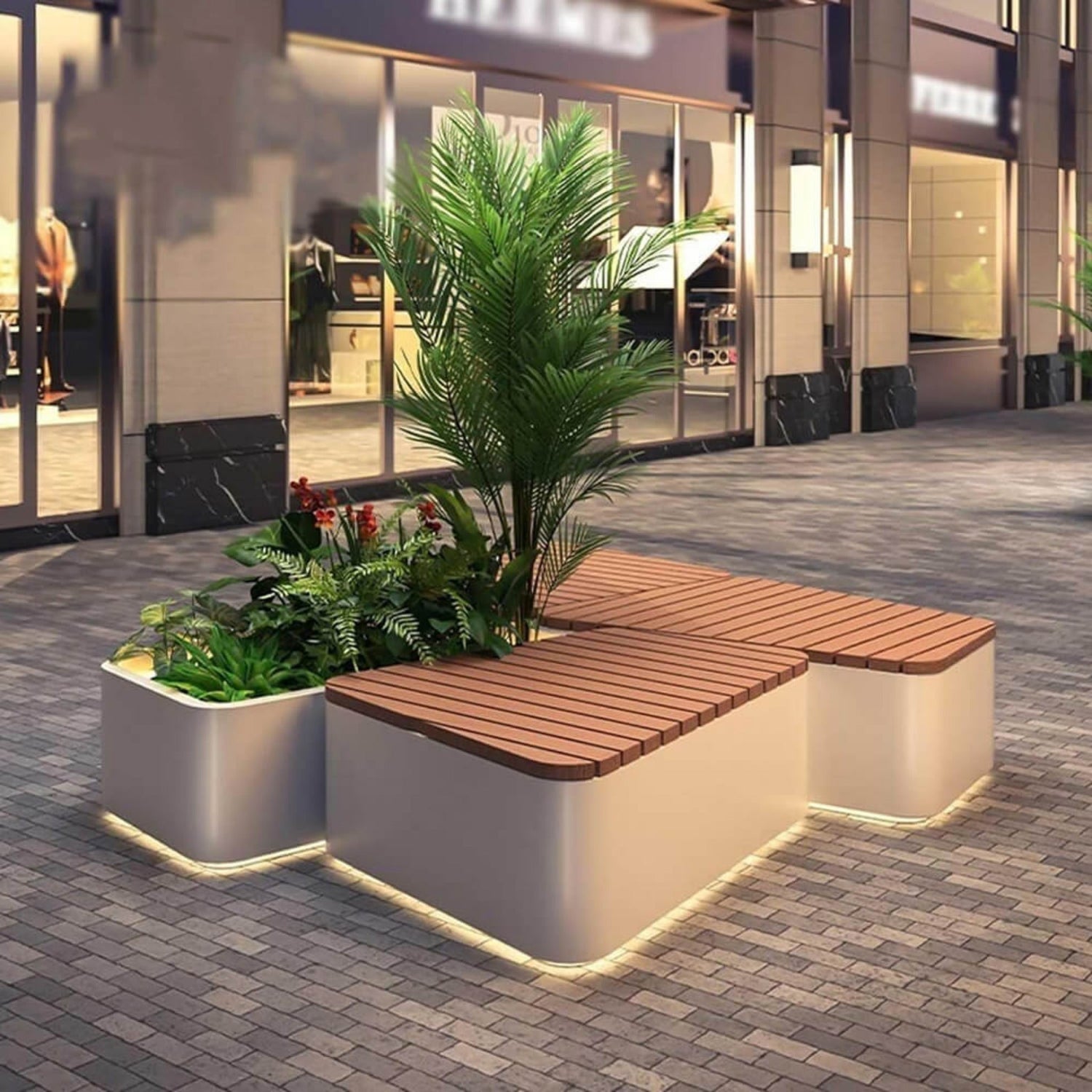 Premium Outdoor Commercial Wooden Street Bench With Steel Frame And Planters