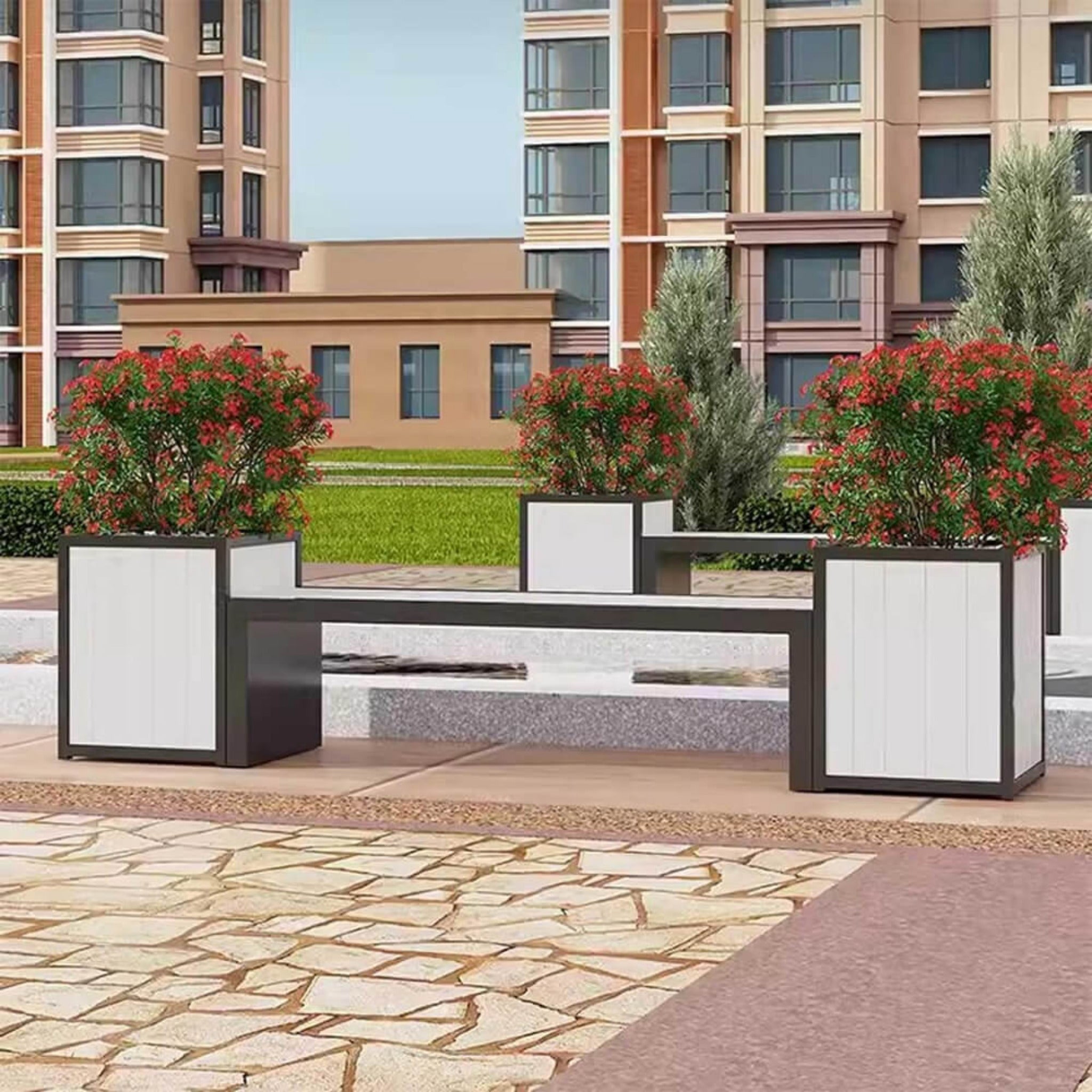 Premium Outdoor Commercial Wooden Park Bench With Steel Frame And Planters For Patios