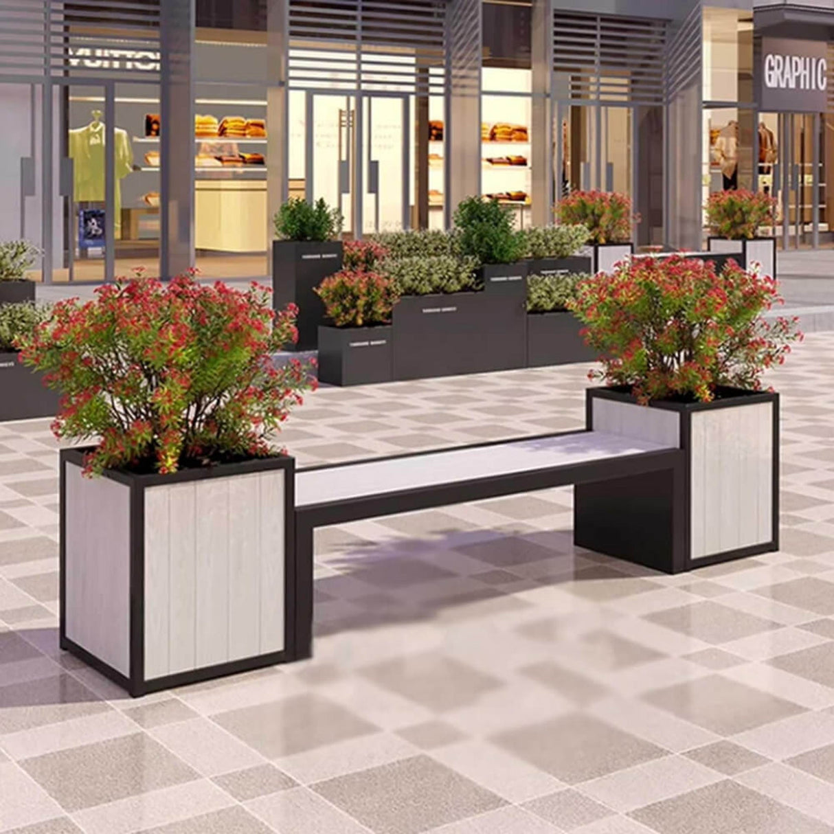 Premium Outdoor Commercial Wooden Park Bench With Steel Frame And Planters For Patios