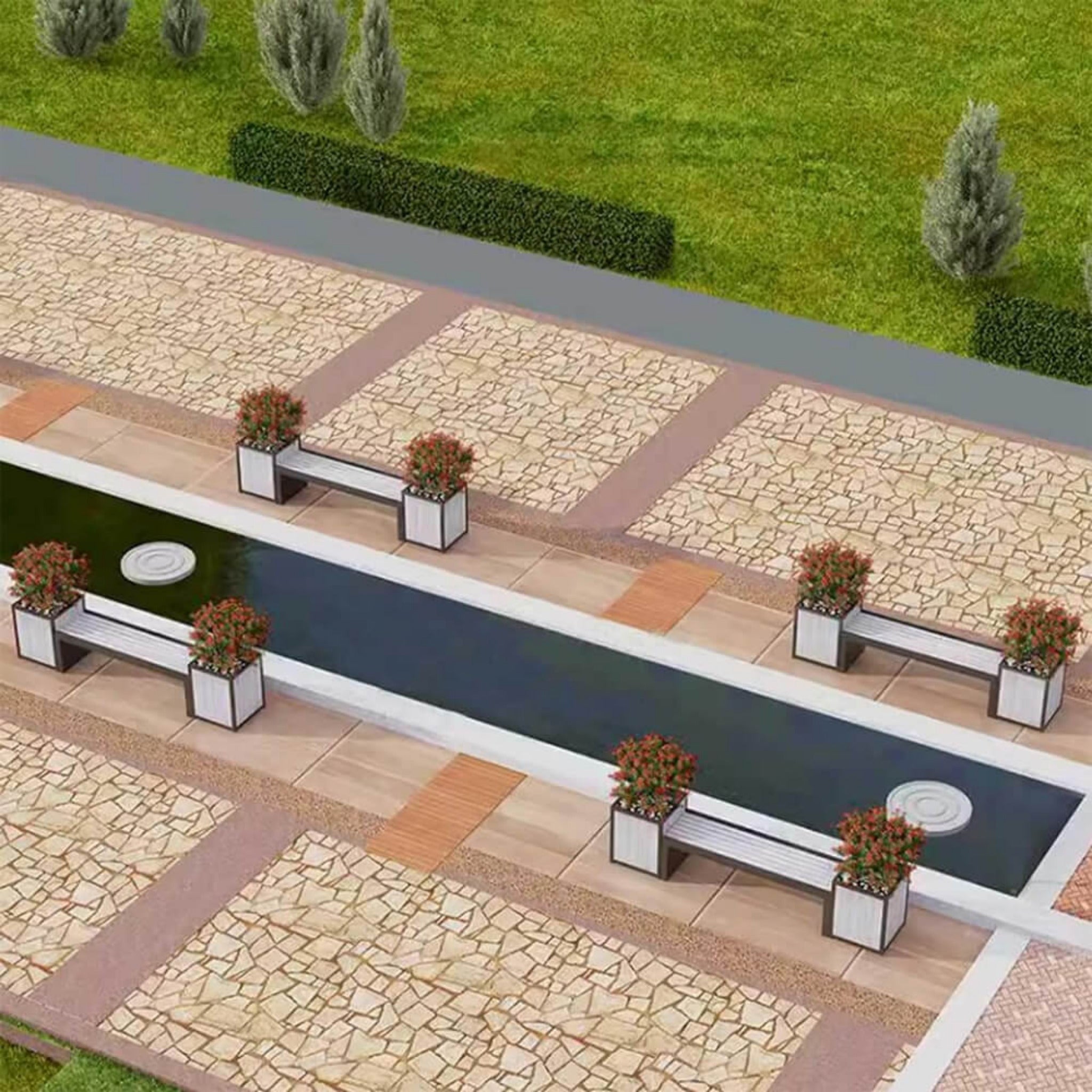 Premium Outdoor Commercial Wooden Park Bench With Steel Frame And Planters For Patios