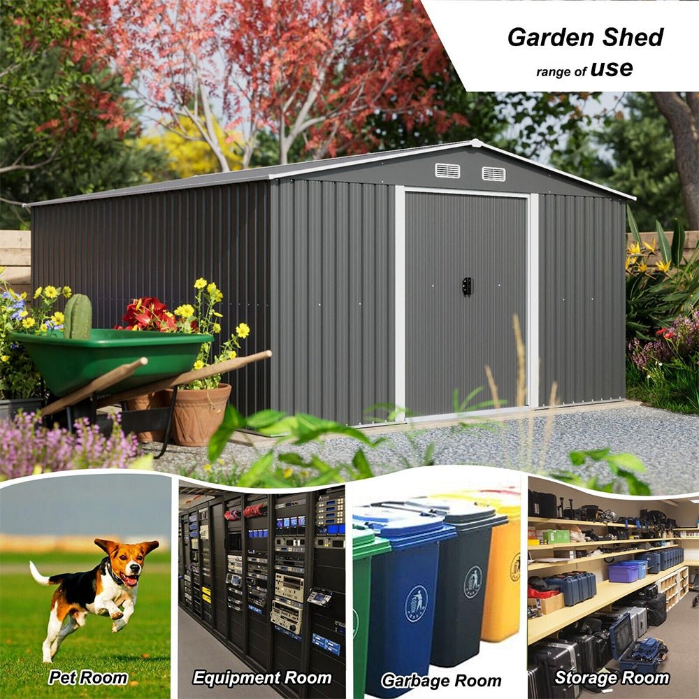 Premium Outdoor Galvanized Steel Backyard Storage Shed W/ Dual Lockable Sliding Doors, 11x13' (95382641)