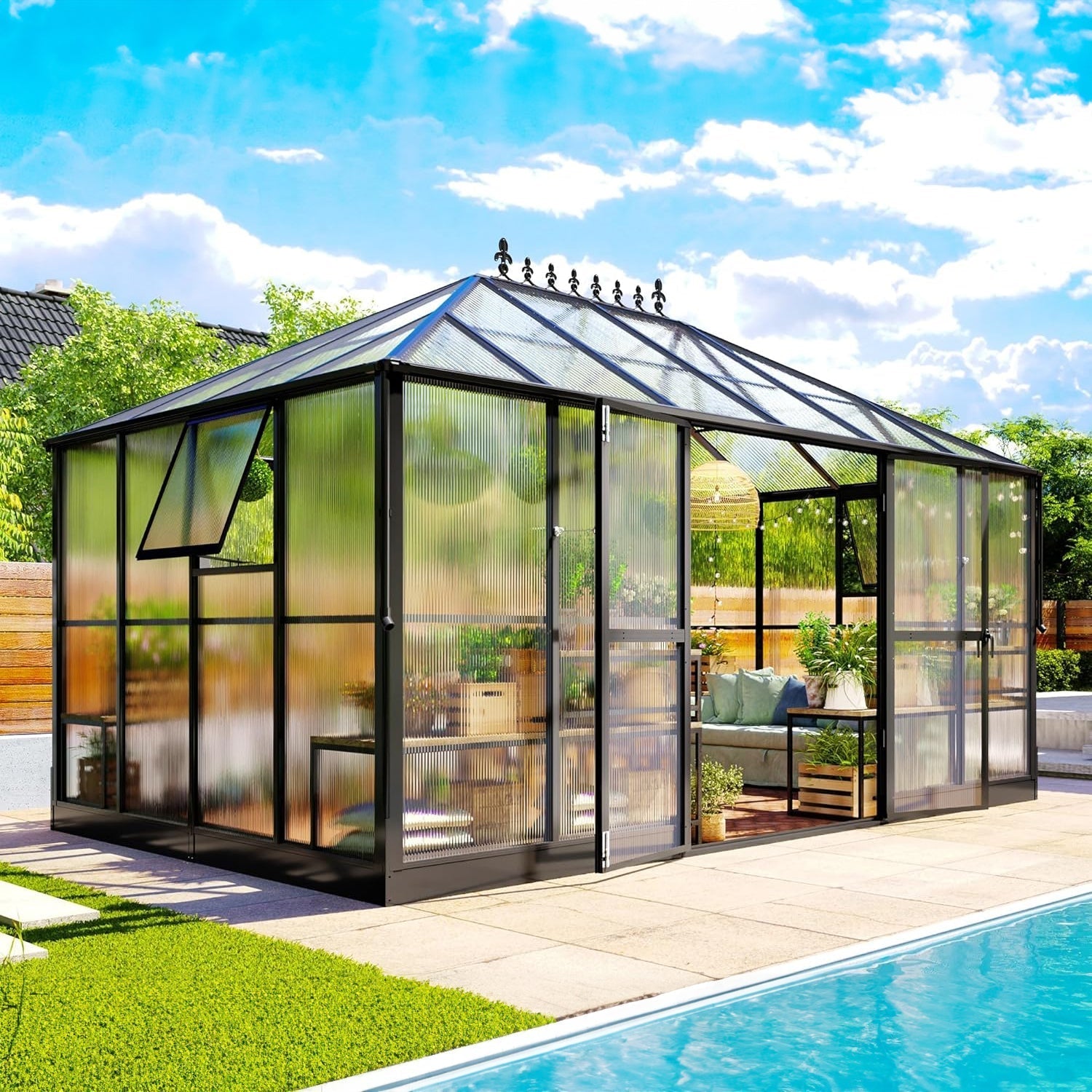[10x14FT] Premium Outdoor Polycarbonate Greenhouse With Aluminum Frame And Double Swing Doors (93841752)