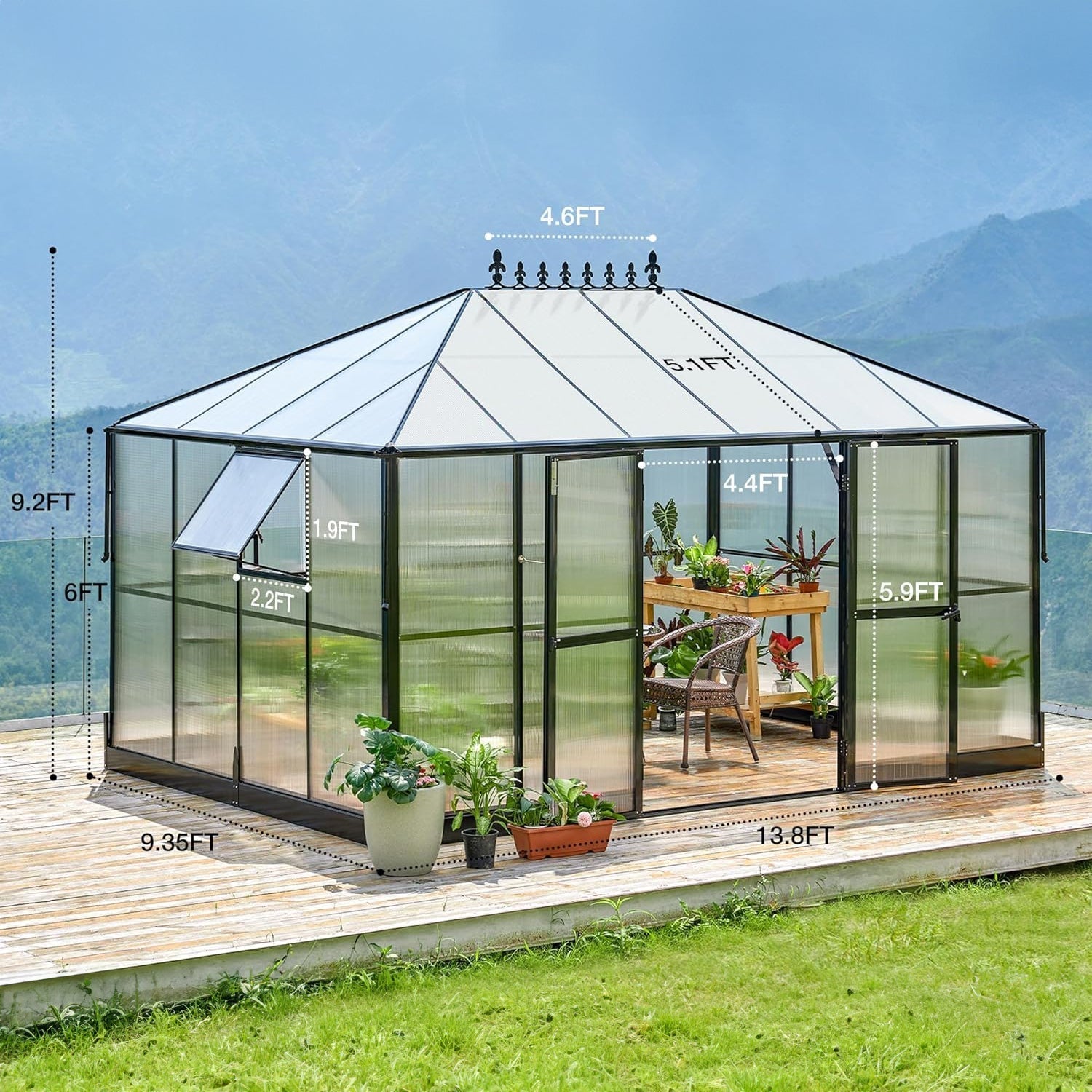 [10x14FT] Premium Outdoor Polycarbonate Greenhouse With Aluminum Frame And Double Swing Doors (93841752)