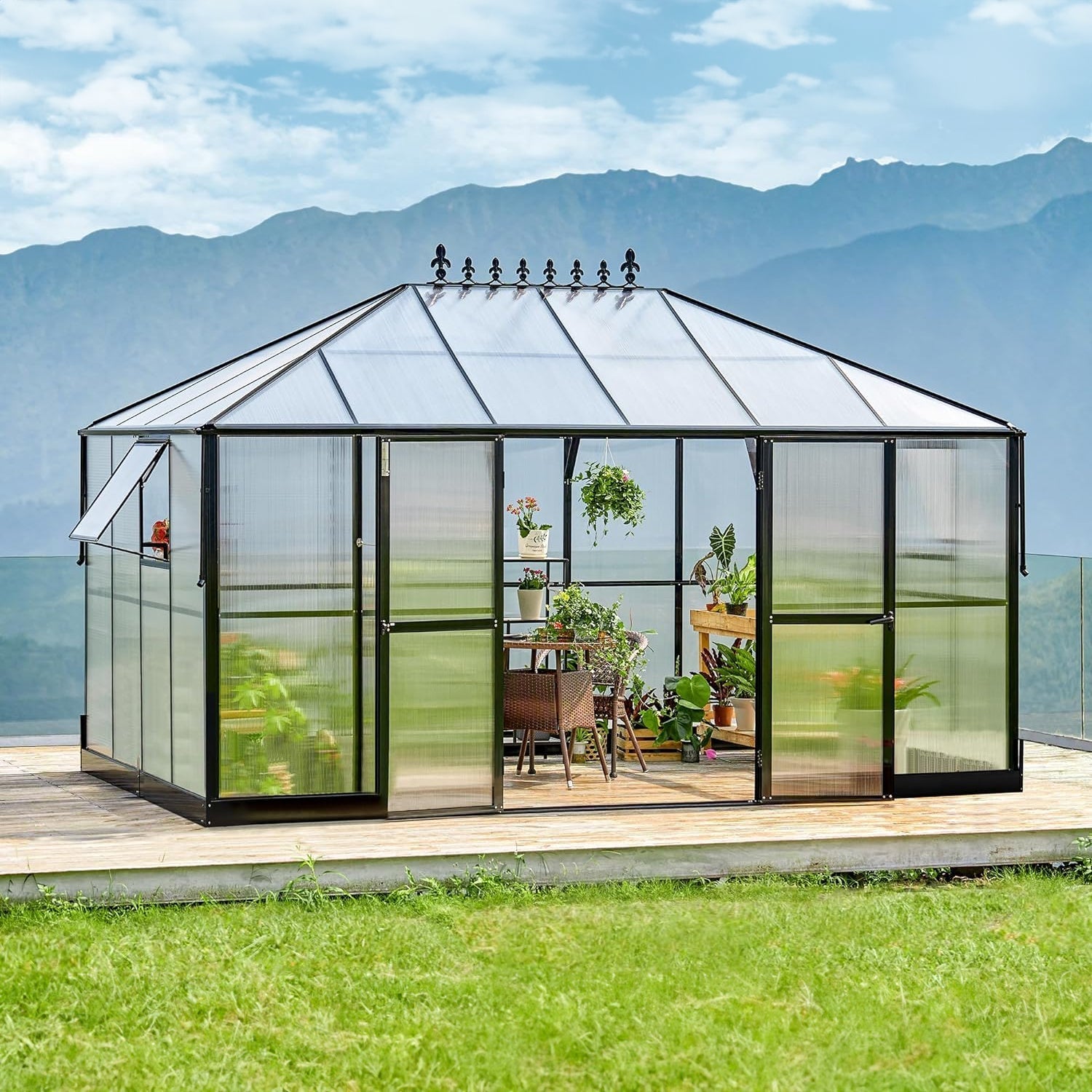 [10x14FT] Premium Outdoor Polycarbonate Greenhouse With Aluminum Frame And Double Swing Doors (93841752)