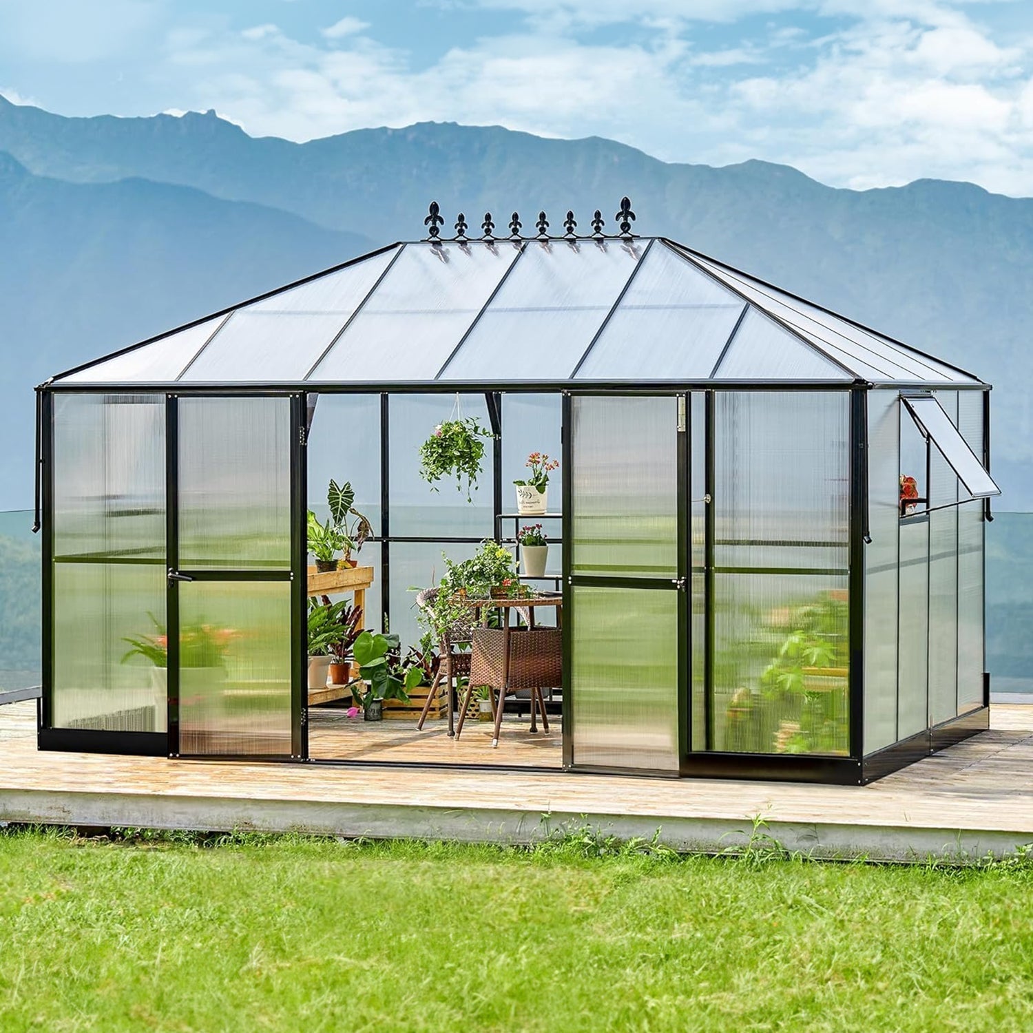 [10x14FT] Premium Outdoor Polycarbonate Greenhouse With Aluminum Frame And Double Swing Doors (93841752)