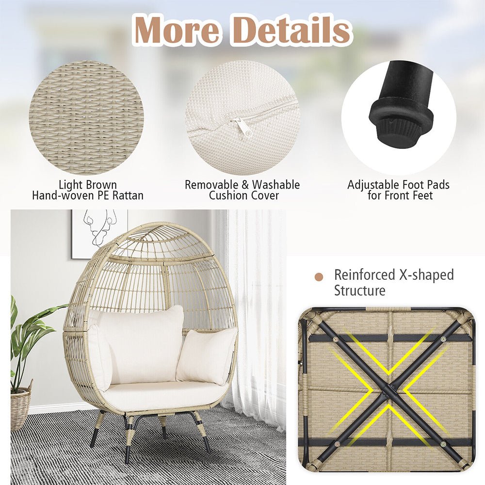 Premium Oversized Rattan Patio Egg Lounge Chair Basket With Cushions, 57" (95761284)