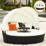 Premium Round Outdoor Patio Rattan Daybed W/ Canopy & Table, 76"