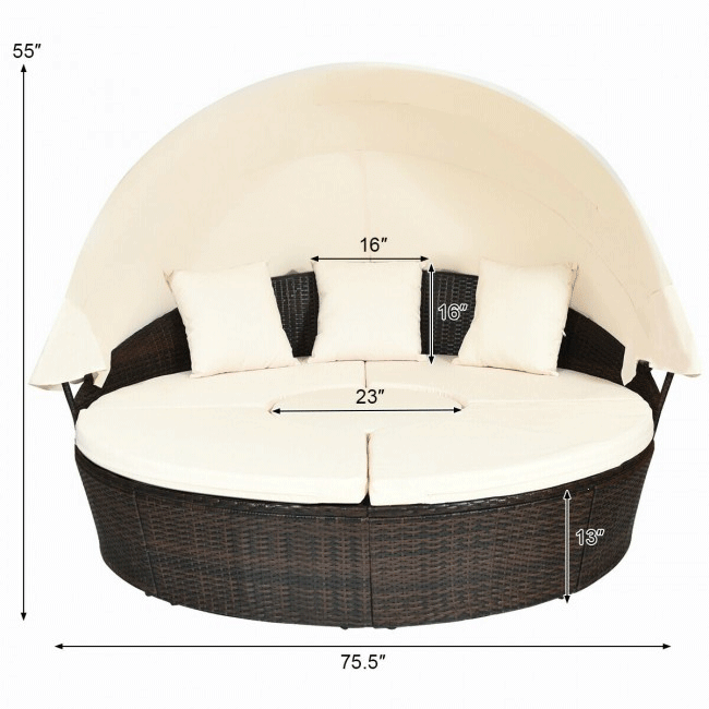 Premium Round Outdoor Patio Rattan Daybed W/ Canopy & Table, 76"