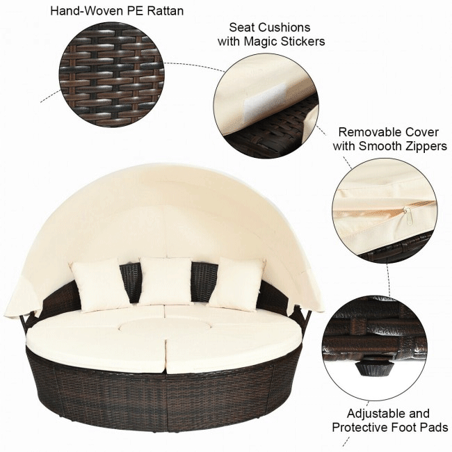 Premium Round Outdoor Patio Rattan Daybed W/ Canopy & Table, 76"