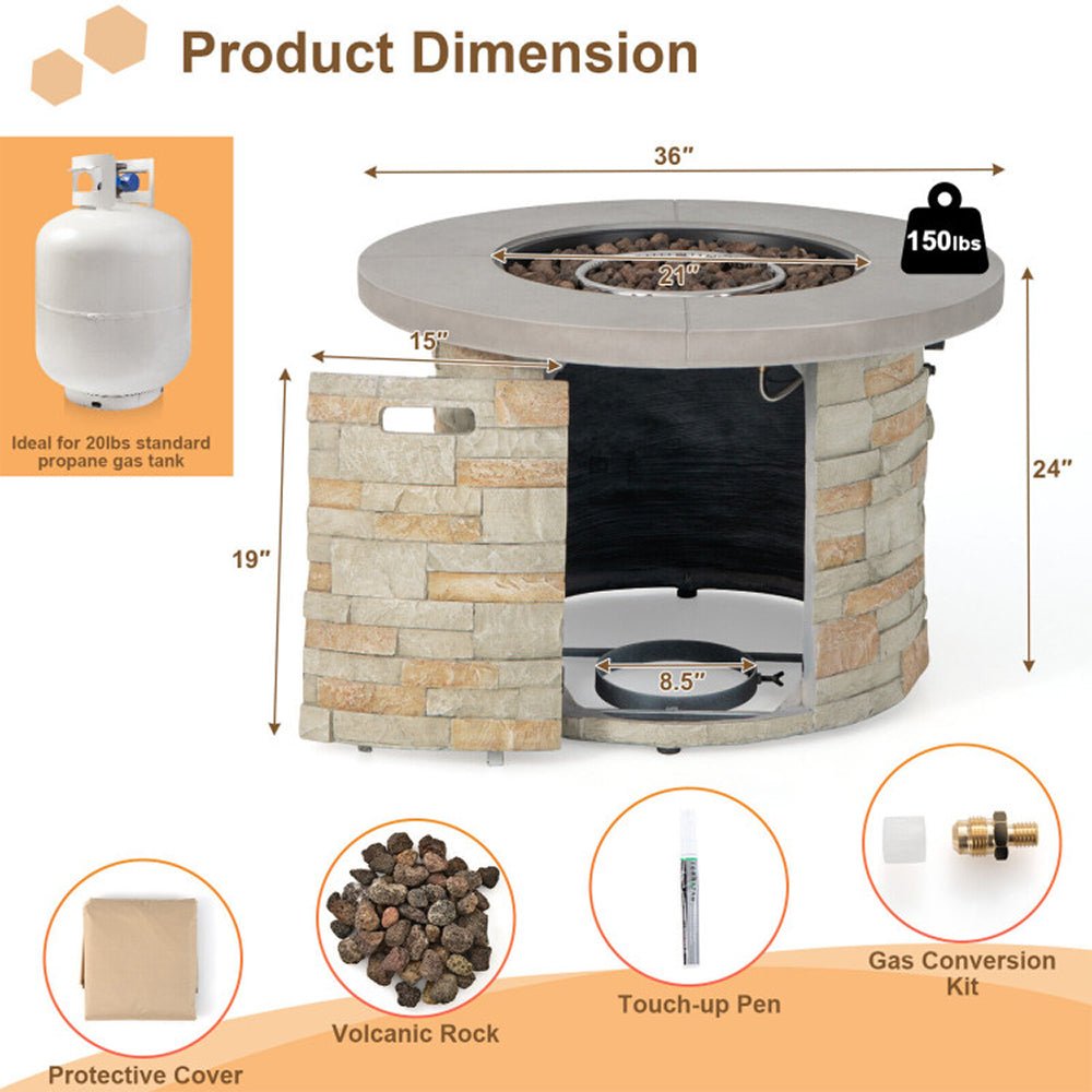 Premium Round Outdoor Propane Patio Gas Fire Pit Table W/ Lava Rock & Cover, 36" (98524173)