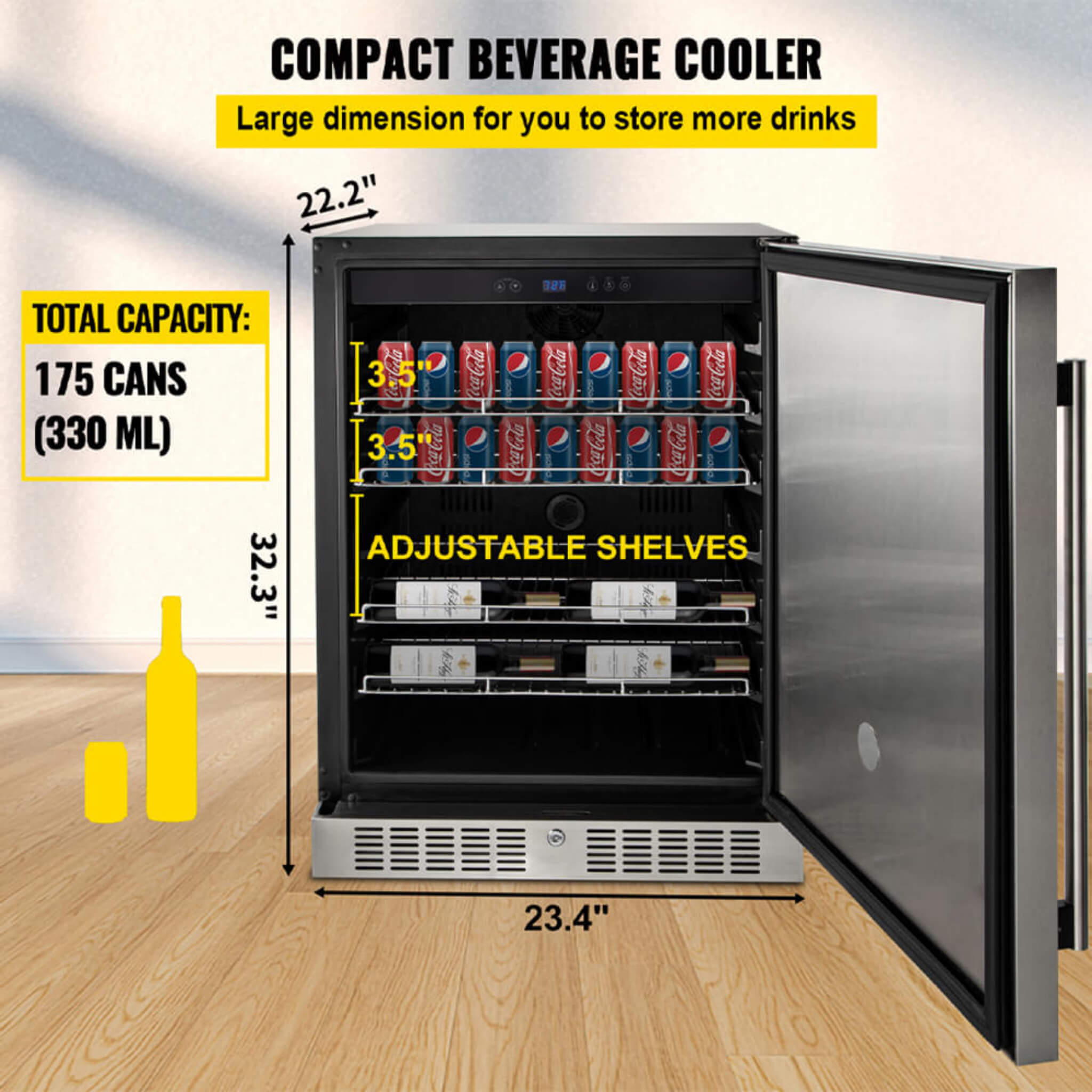 Premium Single Door Stainless Steel Built-In Wine Beverage Undercounter Refrigerator, 5.3 Cu.Ft.