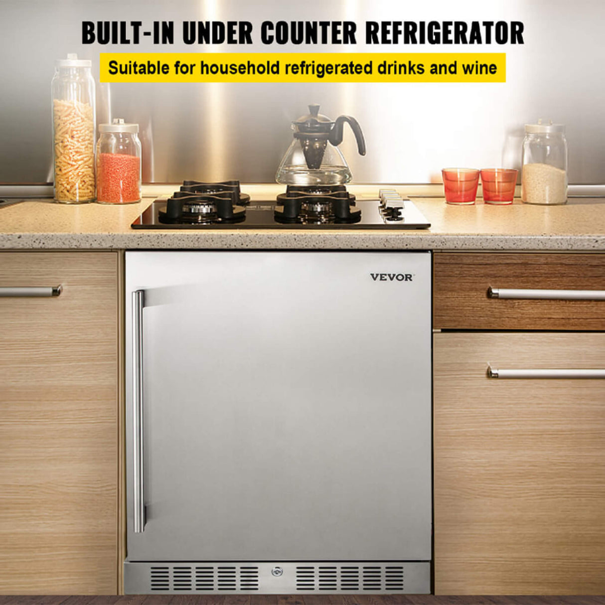 Premium Single Door Stainless Steel Built-In Wine Beverage Undercounter Refrigerator, 5.3 Cu.Ft.