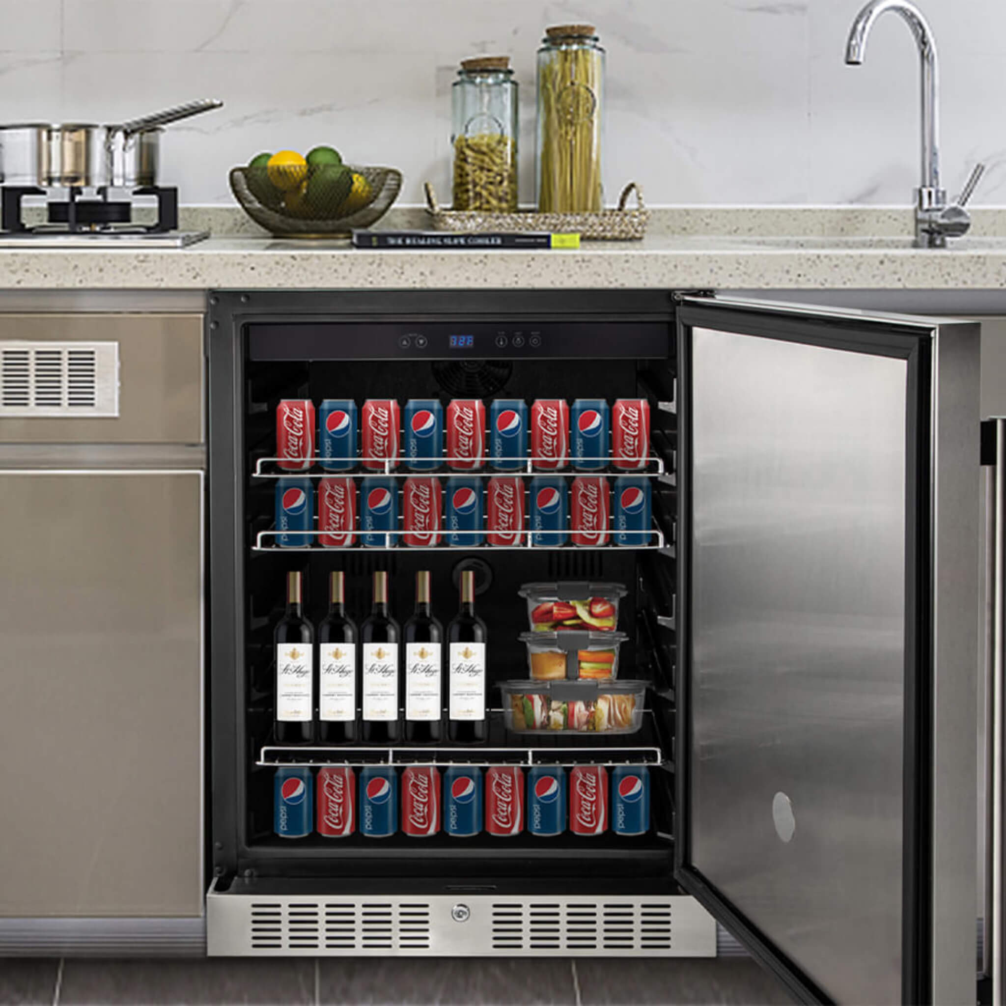 Premium Single Door Stainless Steel Built-In Wine Beverage Undercounter Refrigerator, 5.3 Cu.Ft.