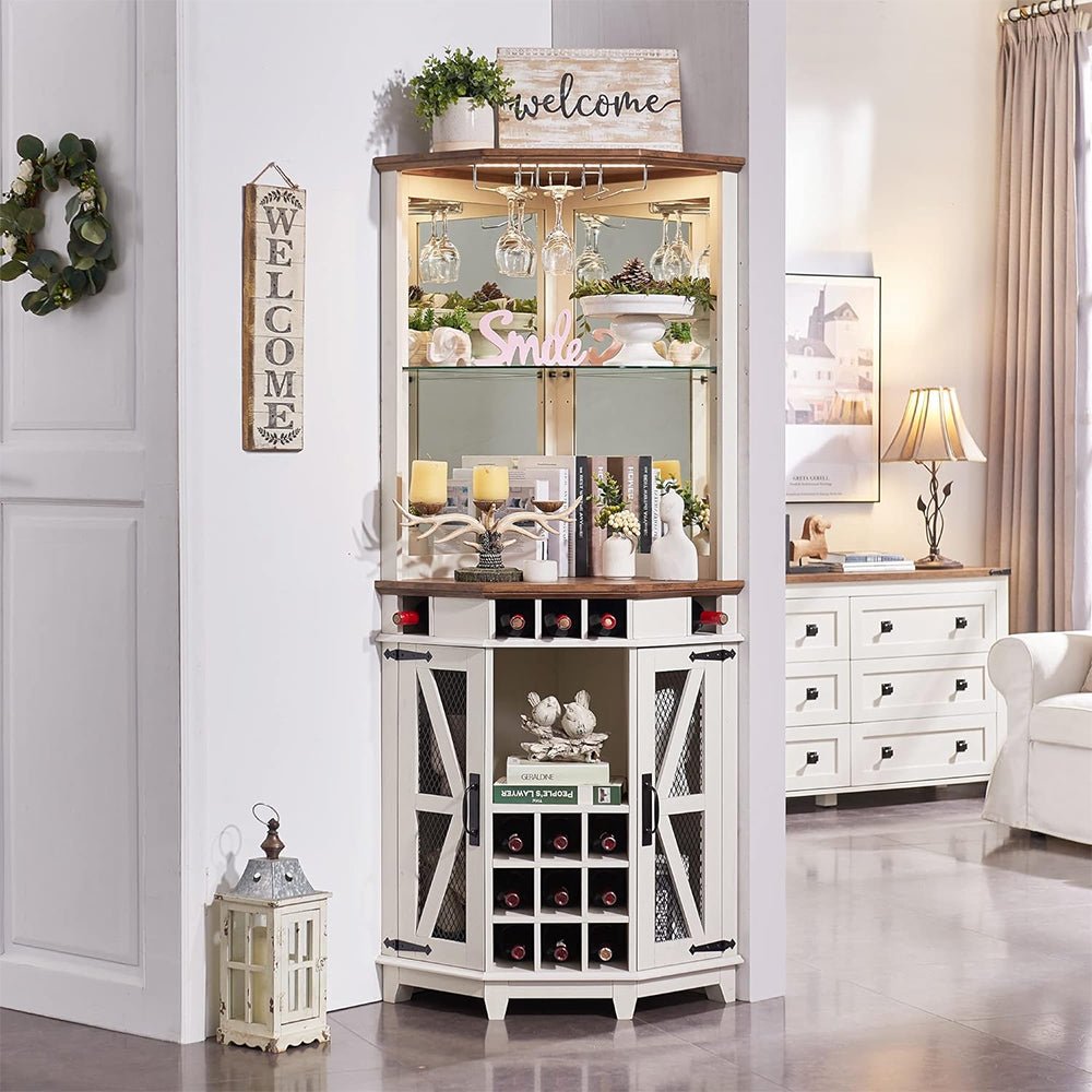 Premium Tall Corner Wine Bar Storage Cabinet W/ Bar Door And LED Lights, 72" (97316452)