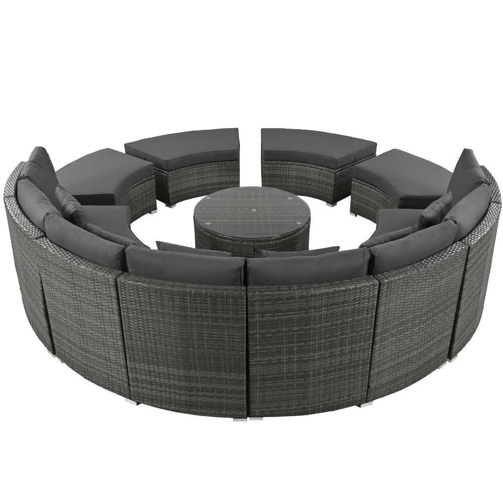 Large Premium Rattan Wicker Circular Patio Sofa Set With Tempered Glass Coffee Table And 6 Pillows