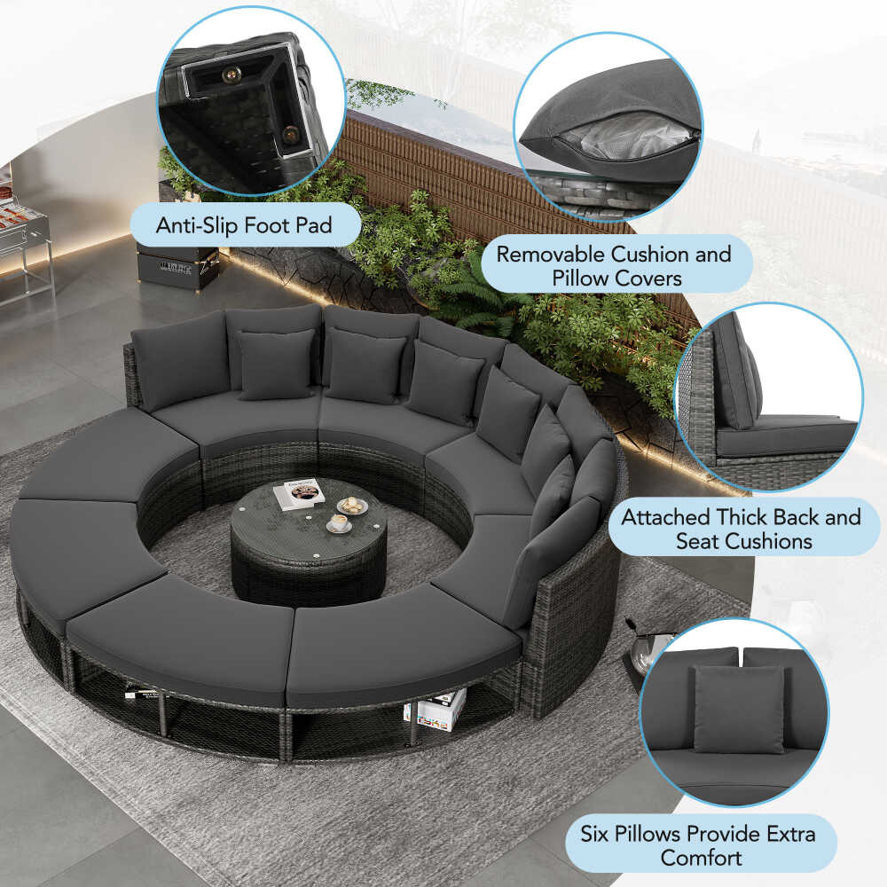 Large Premium Rattan Wicker Circular Patio Sofa Set With Tempered Glass Coffee Table And 6 Pillows