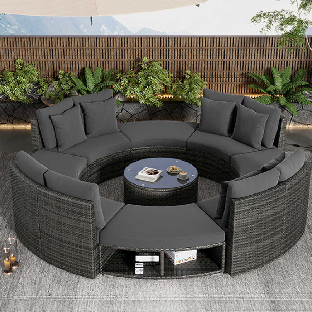 Large Premium Rattan Wicker Circular Patio Sofa Set With Tempered Glass Coffee Table And 6 Pillows