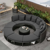 Large Premium Rattan Wicker Circular Patio Sofa Set With Tempered Glass Coffee Table And 6 Pillows